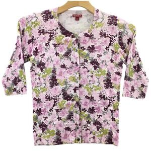 Merona Women Floral Cardigan Sweater Pink Button Front M 3/4 Sleeve Preppy Work